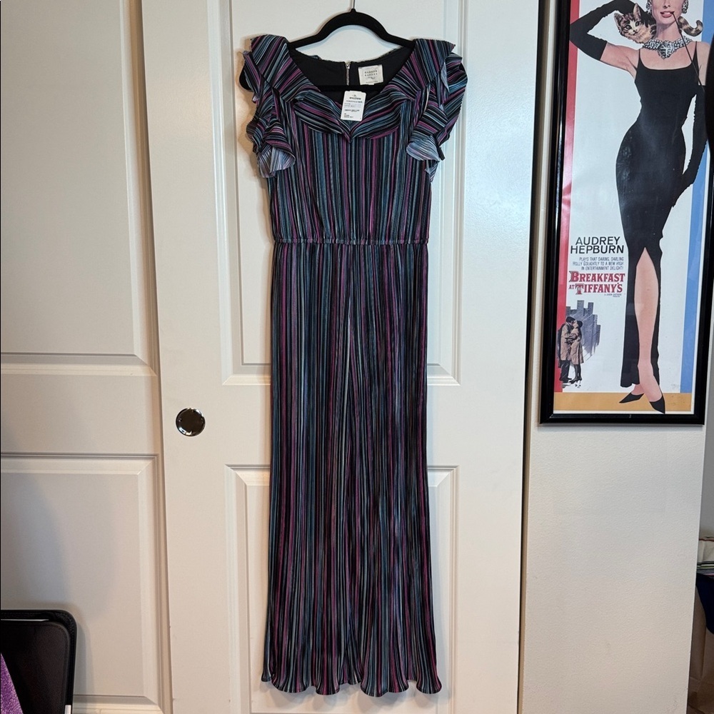 Hannah Banana Ruffle Sleeve Striped Jumpsuit Purple Black Size 14 NWT
